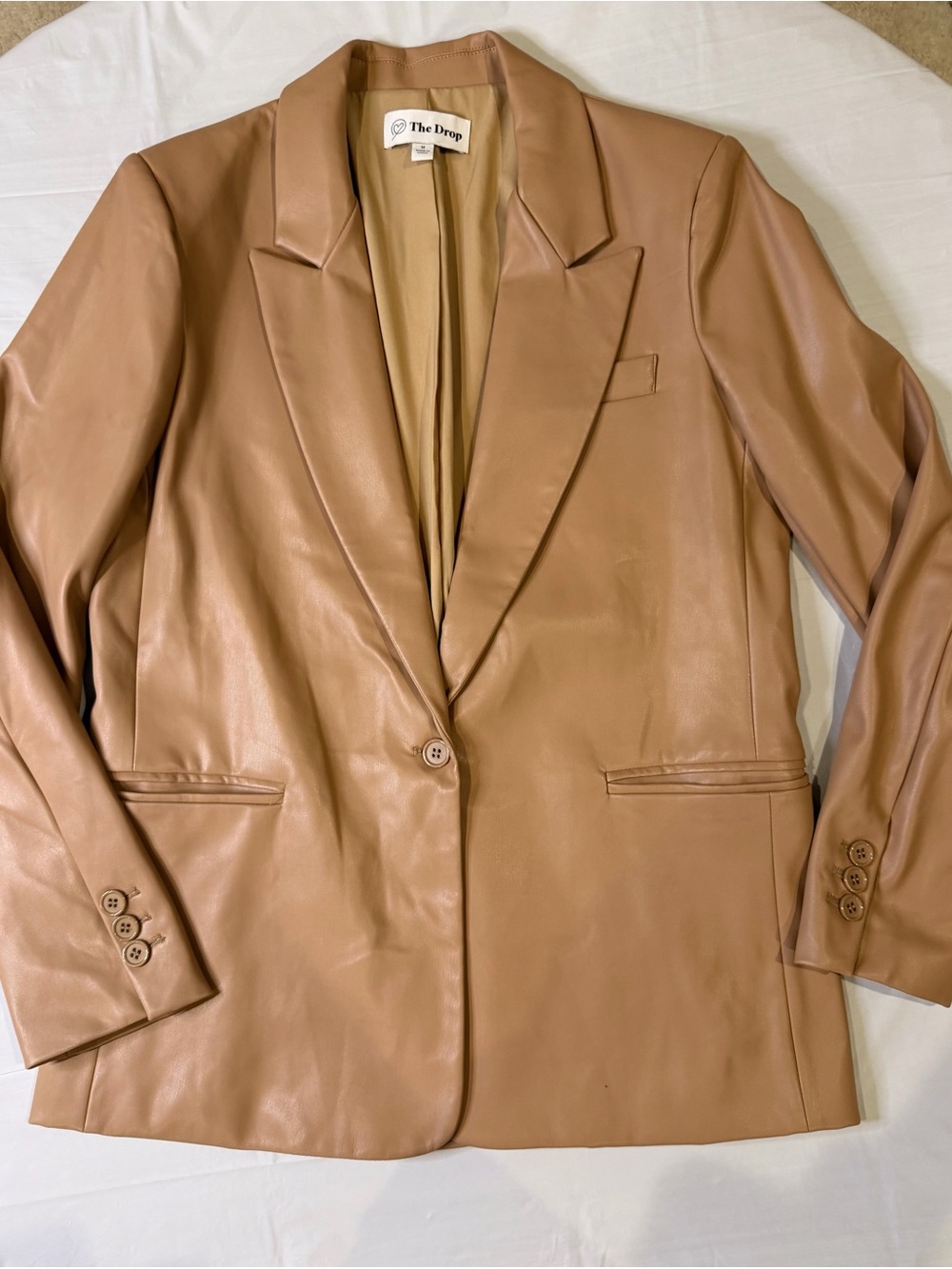 The Drop Women’s Faux Leather Blazer Size M Tan Camel Brown Single Button Jacket